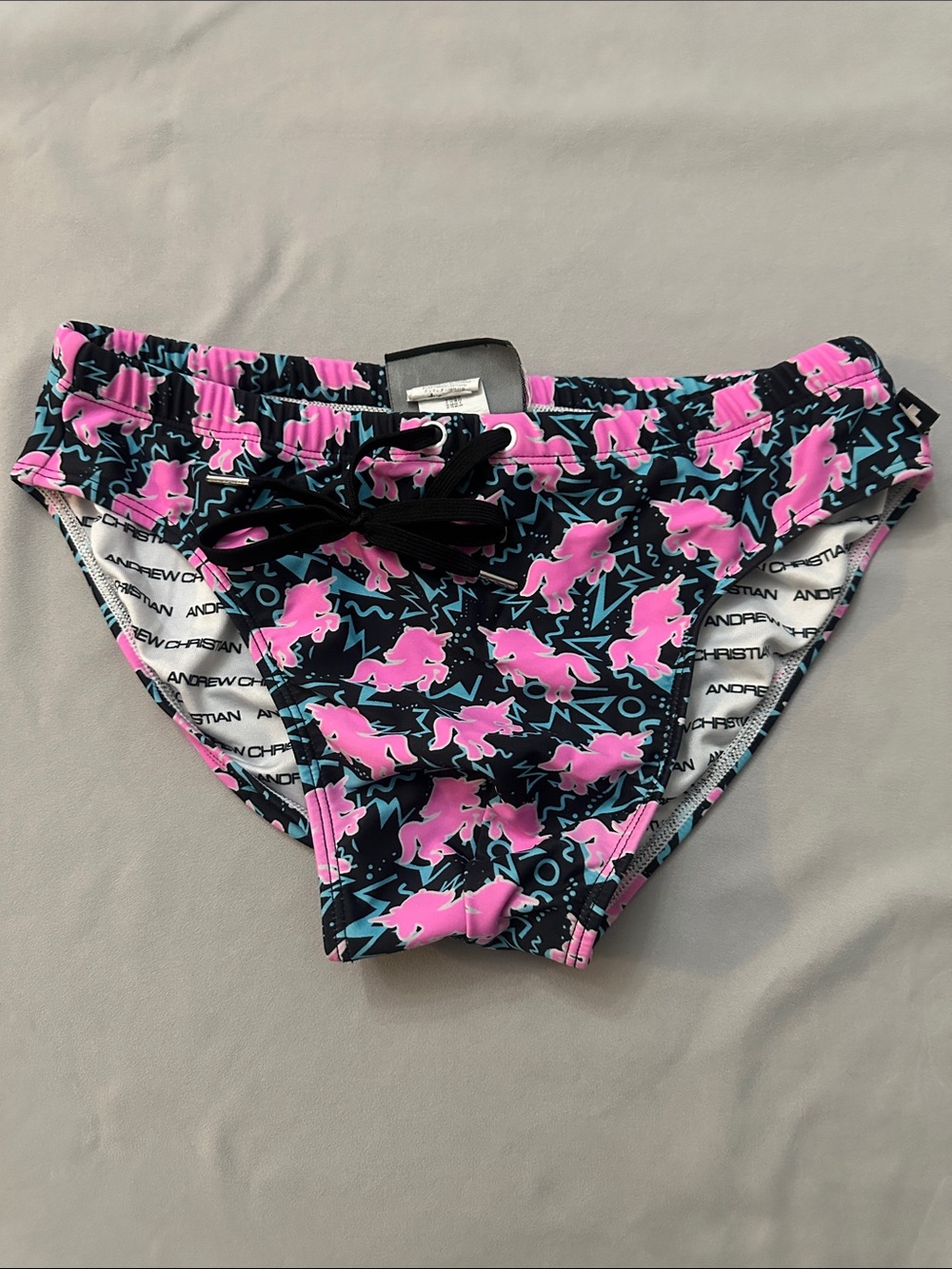 Andrew Christian Black Swim Briefs with Pink Unicorns